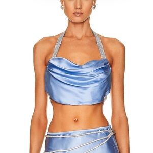 NWT Nuè Silk Top With Rhinestone Crystal Ribbons Sky Blue